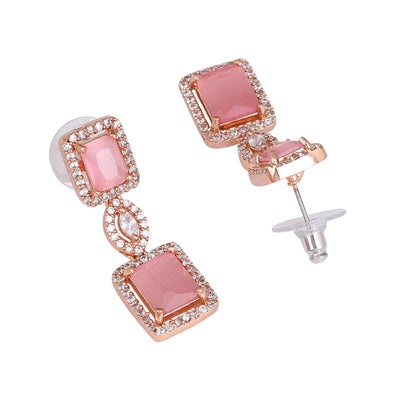 Estele Rose Gold Plated CZ Shimmering Square Designer Earrings with Mint Pink Stones for Women