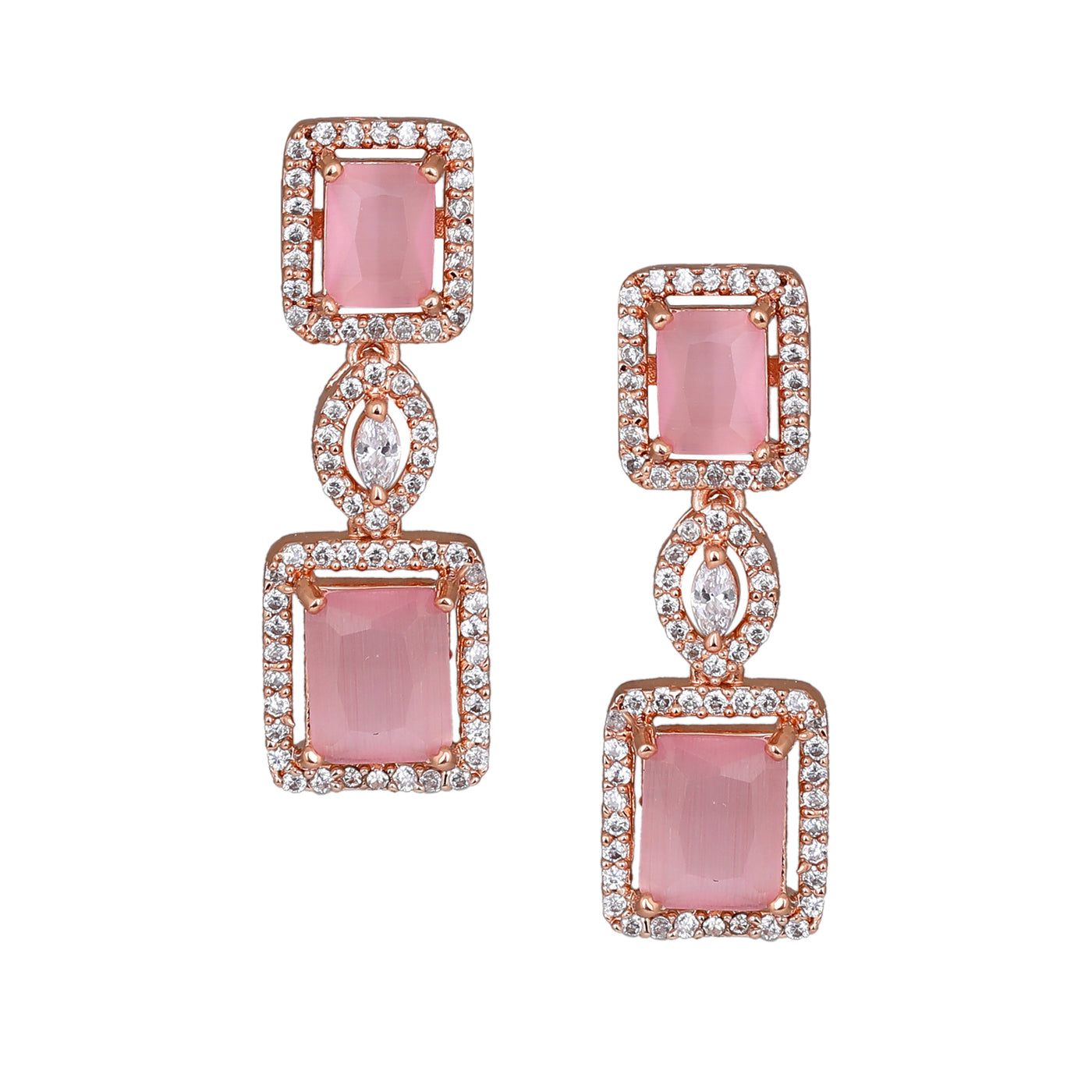 Estele Rose Gold Plated CZ Shimmering Square Designer Earrings with Mint Pink Stones for Women