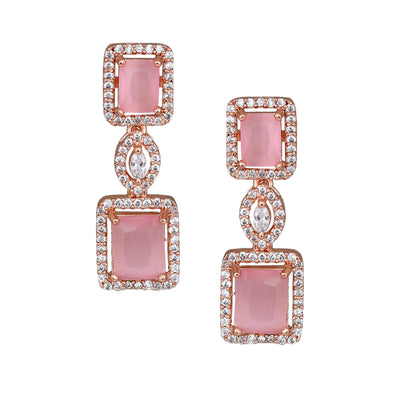 Estele Rose Gold Plated CZ Shimmering Square Designer Earrings with Mint Pink Stones for Women