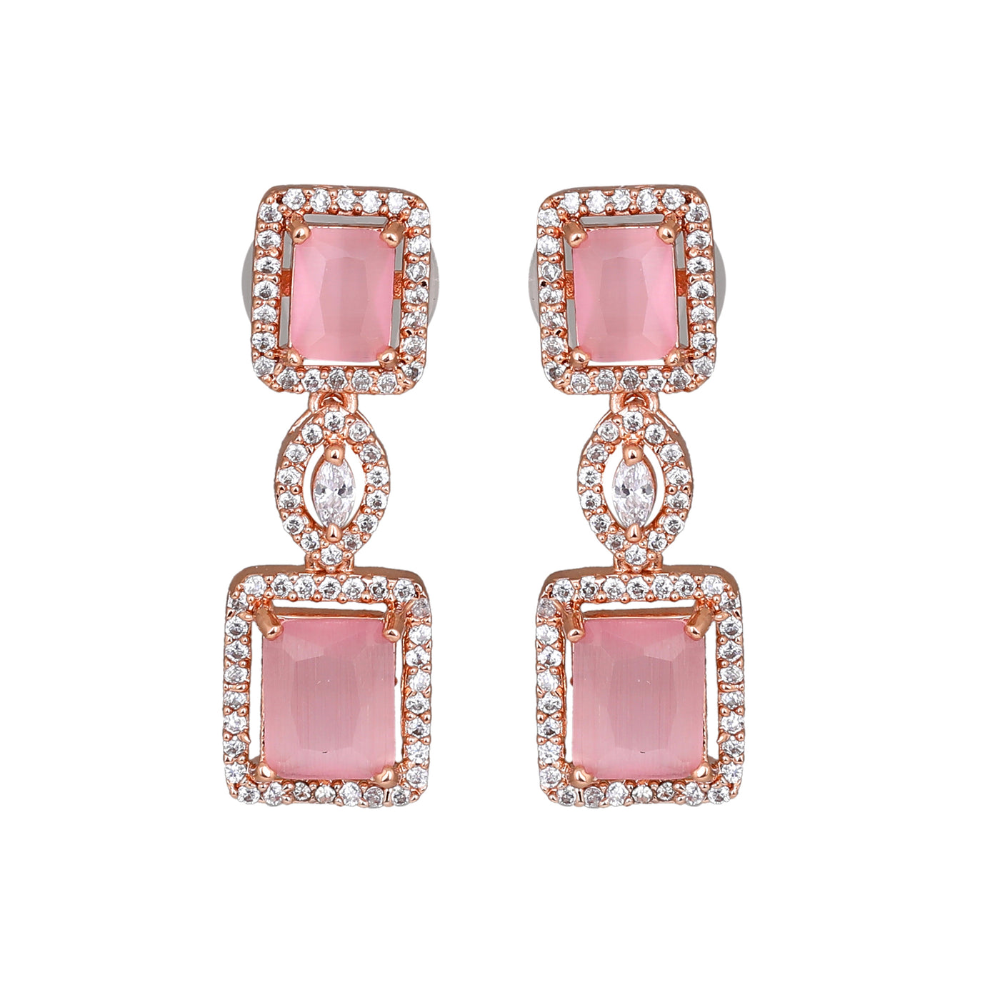 Estele Rose Gold Plated CZ Shimmering Square Designer Earrings with Mint Pink Stones for Women