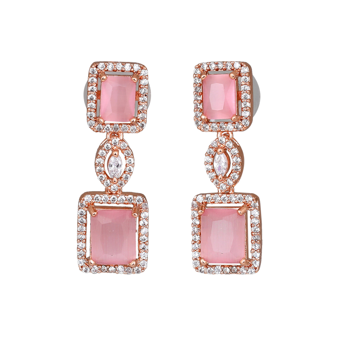 Estele Rose Gold Plated CZ Shimmering Square Designer Earrings with Mint Pink Stones for Women