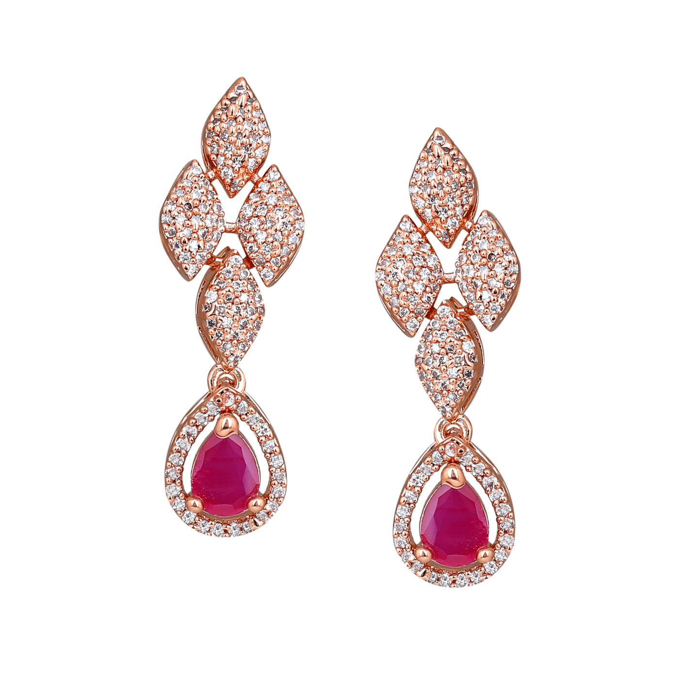 Estele Rose Gold Plated CZ Splendid Drop Earrings with Ruby Stones for Women