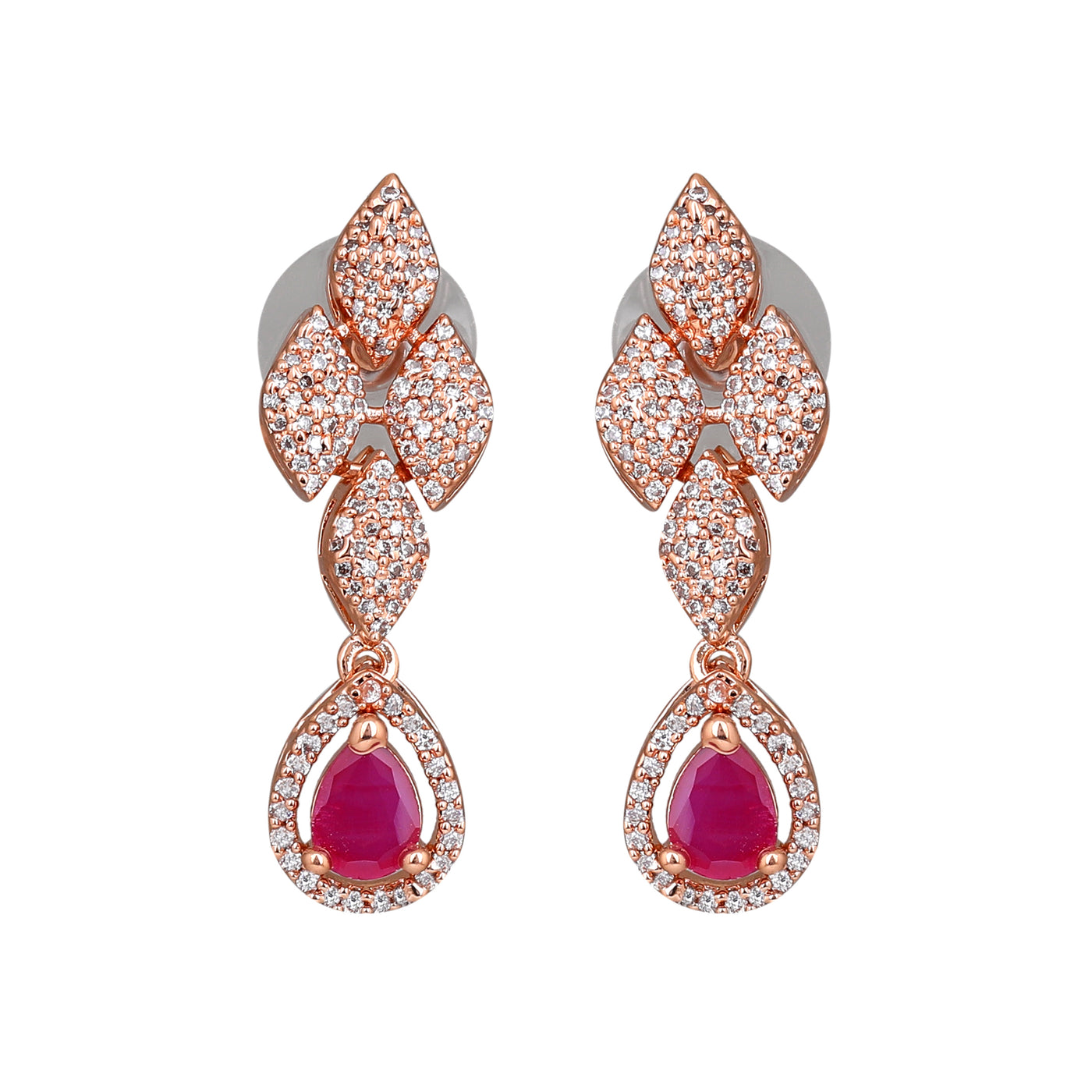 Estele Rose Gold Plated CZ Splendid Drop Earrings with Ruby Stones for Women