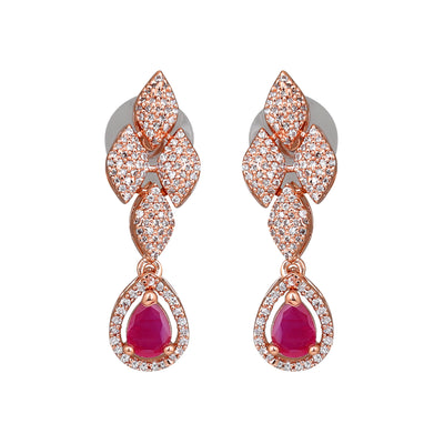 Estele Rose Gold Plated CZ Splendid Drop Earrings with Ruby Stones for Women