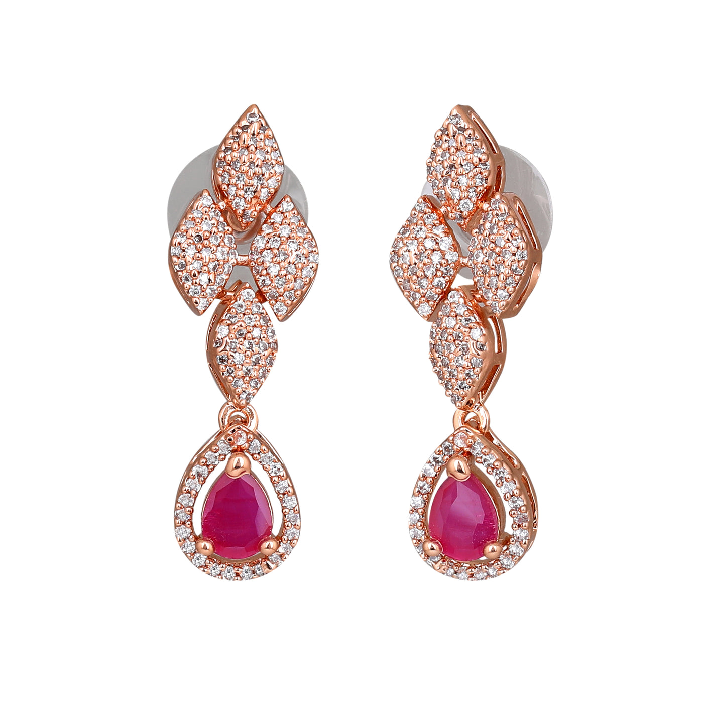 Estele Rose Gold Plated CZ Splendid Drop Earrings with Ruby Stones for Women