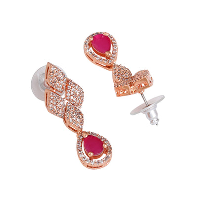 Estele Rose Gold Plated CZ Splendid Drop Earrings with Ruby Stones for Women