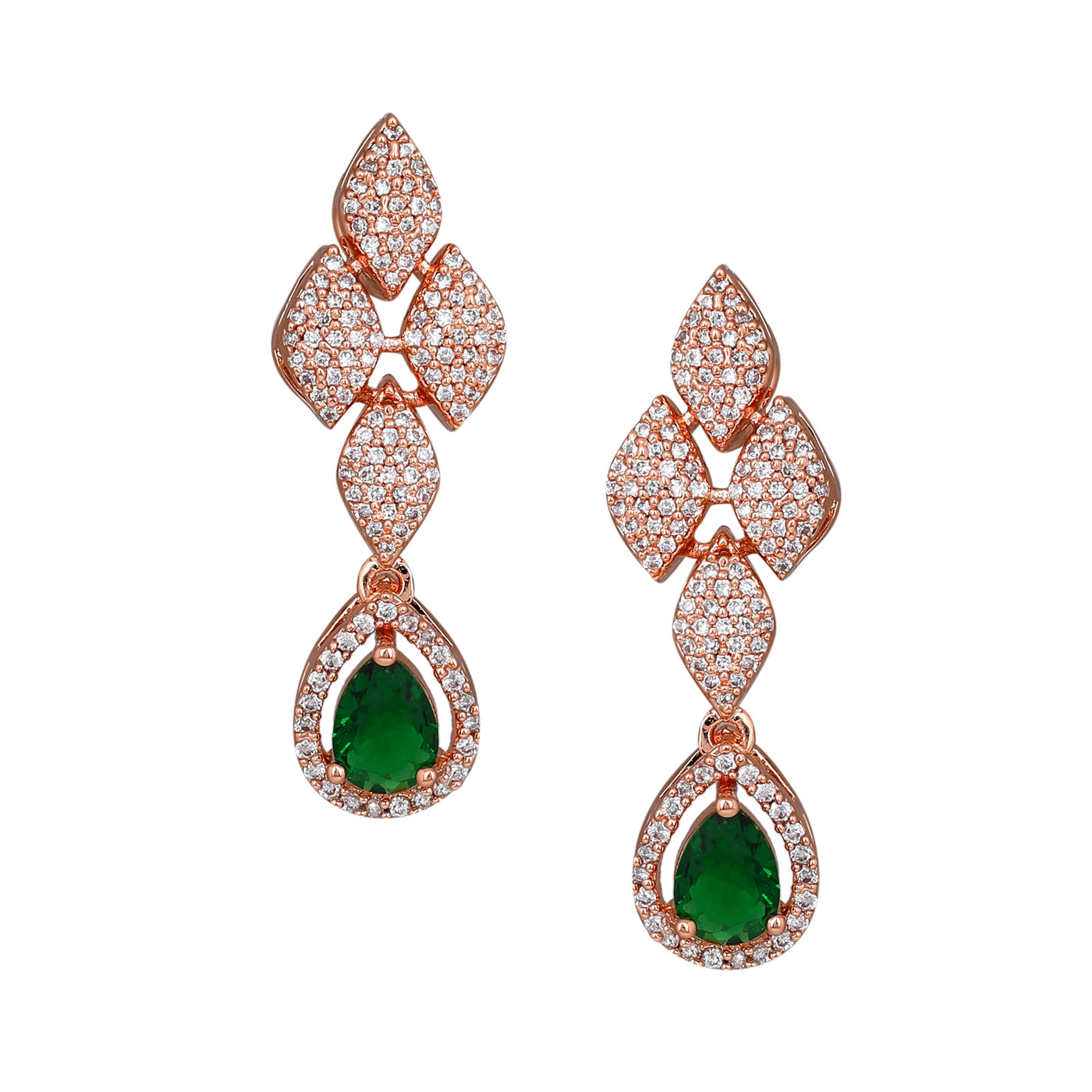 Estele Rose Gold Plated CZ Splendid Drop Earrings with Green Stones for Women