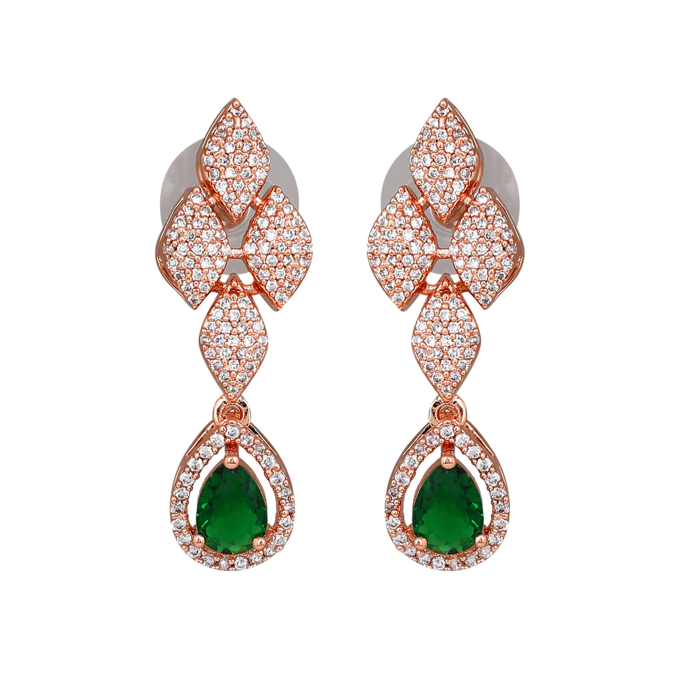 Estele Rose Gold Plated CZ Splendid Drop Earrings with Green Stones for Women