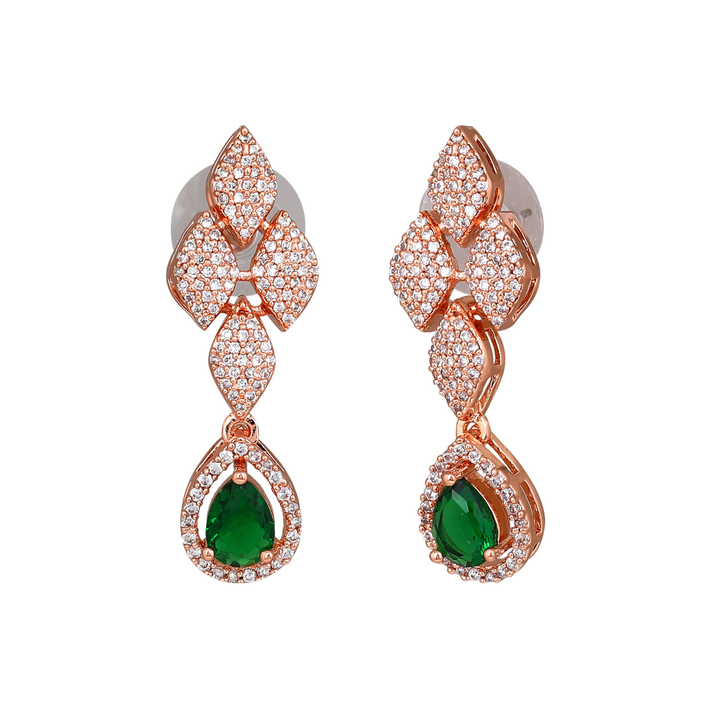 Estele Rose Gold Plated CZ Splendid Drop Earrings with Green Stones for Women