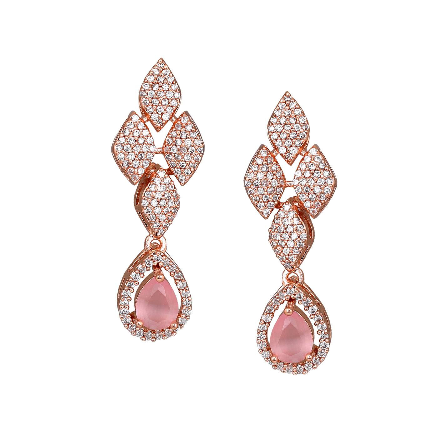 Estele Rose Gold Plated CZ Splendid Drop Earrings with Mint Pink Stones for Women