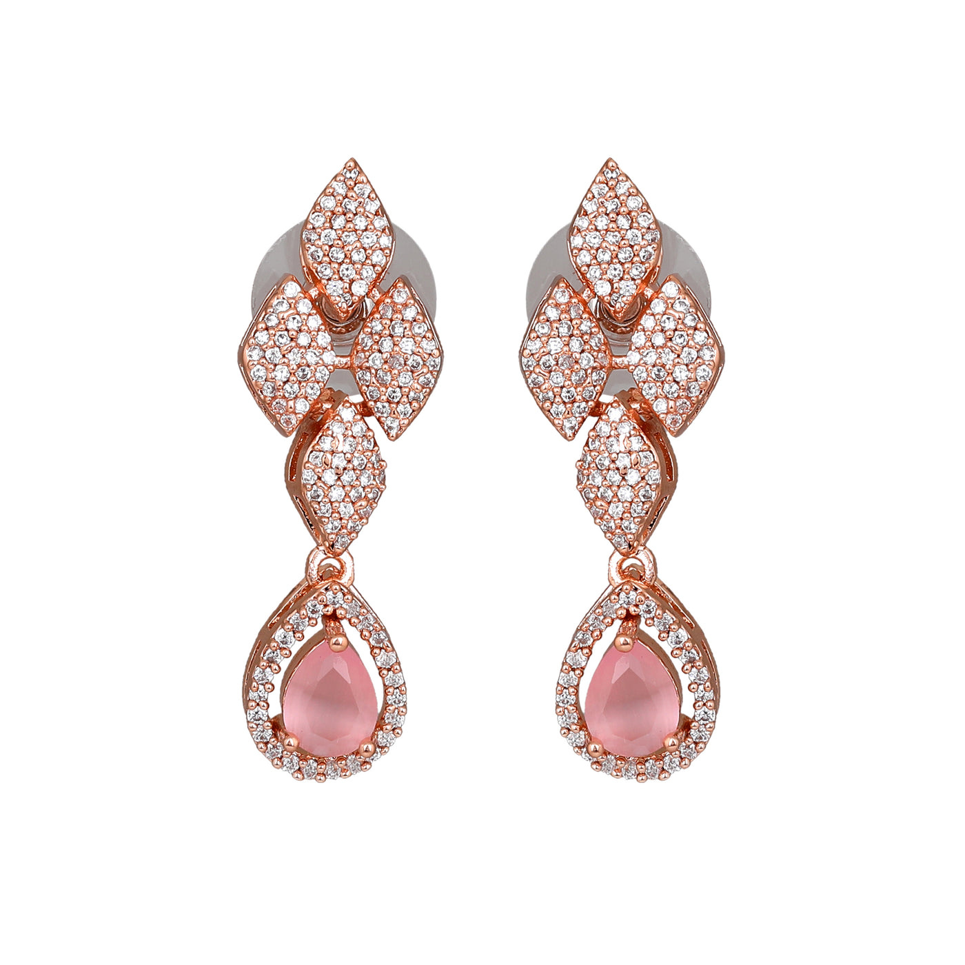 Estele Rose Gold Plated CZ Splendid Drop Earrings with Mint Pink Stones for Women