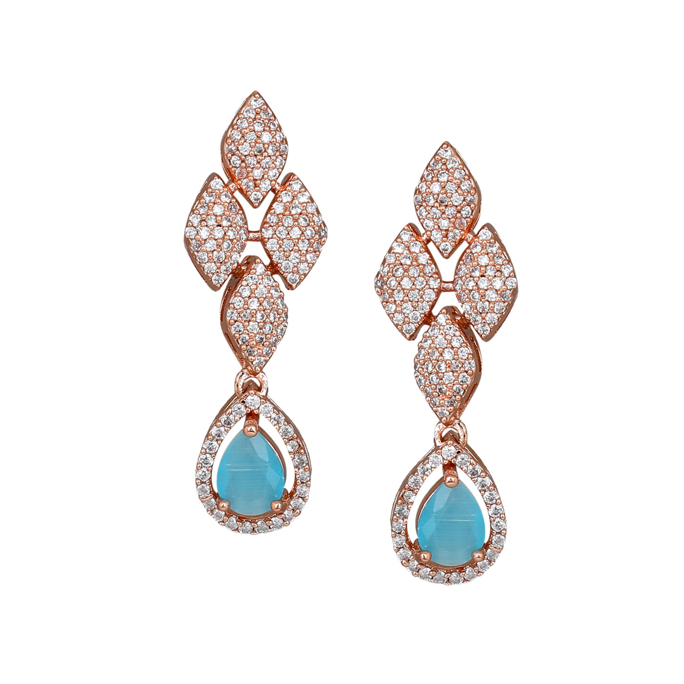 Estele Rose Gold Plated CZ Splendid Drop Earrings with Mint Blue Stones for Women