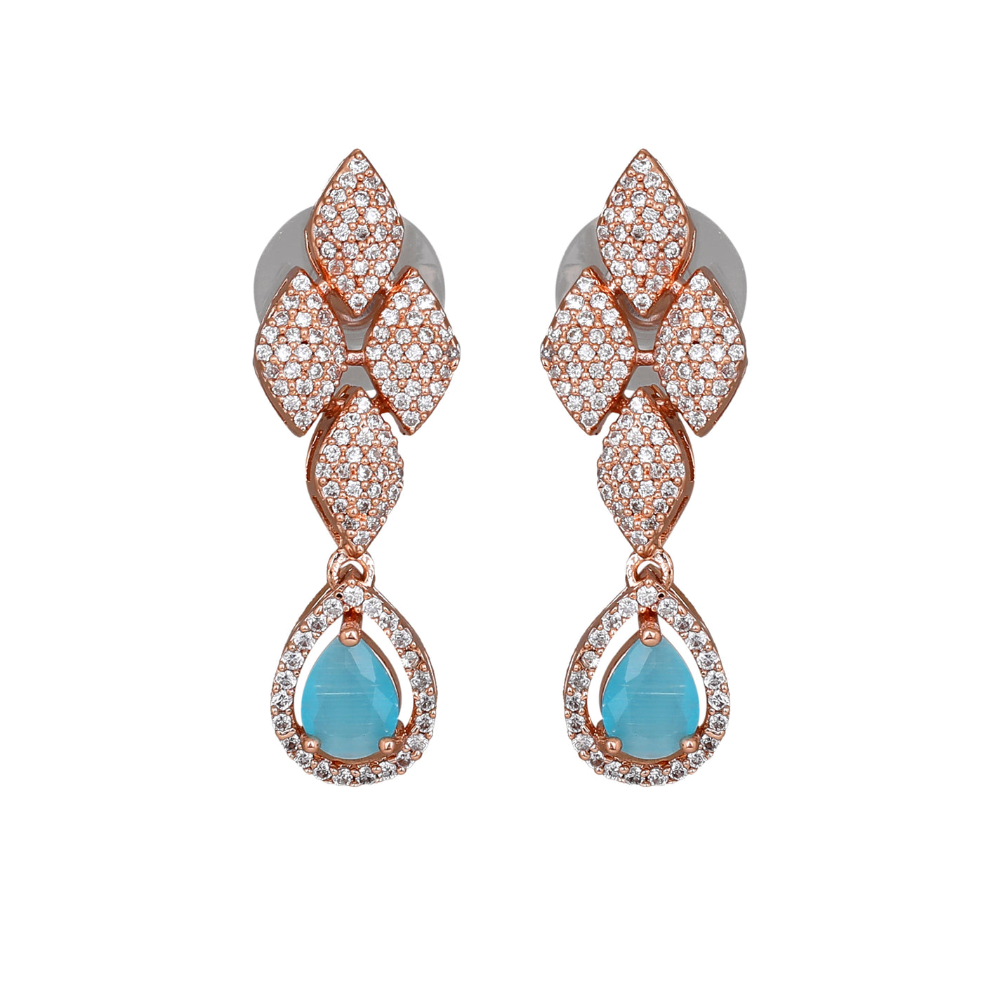 Estele Rose Gold Plated CZ Splendid Drop Earrings with Mint Blue Stones for Women