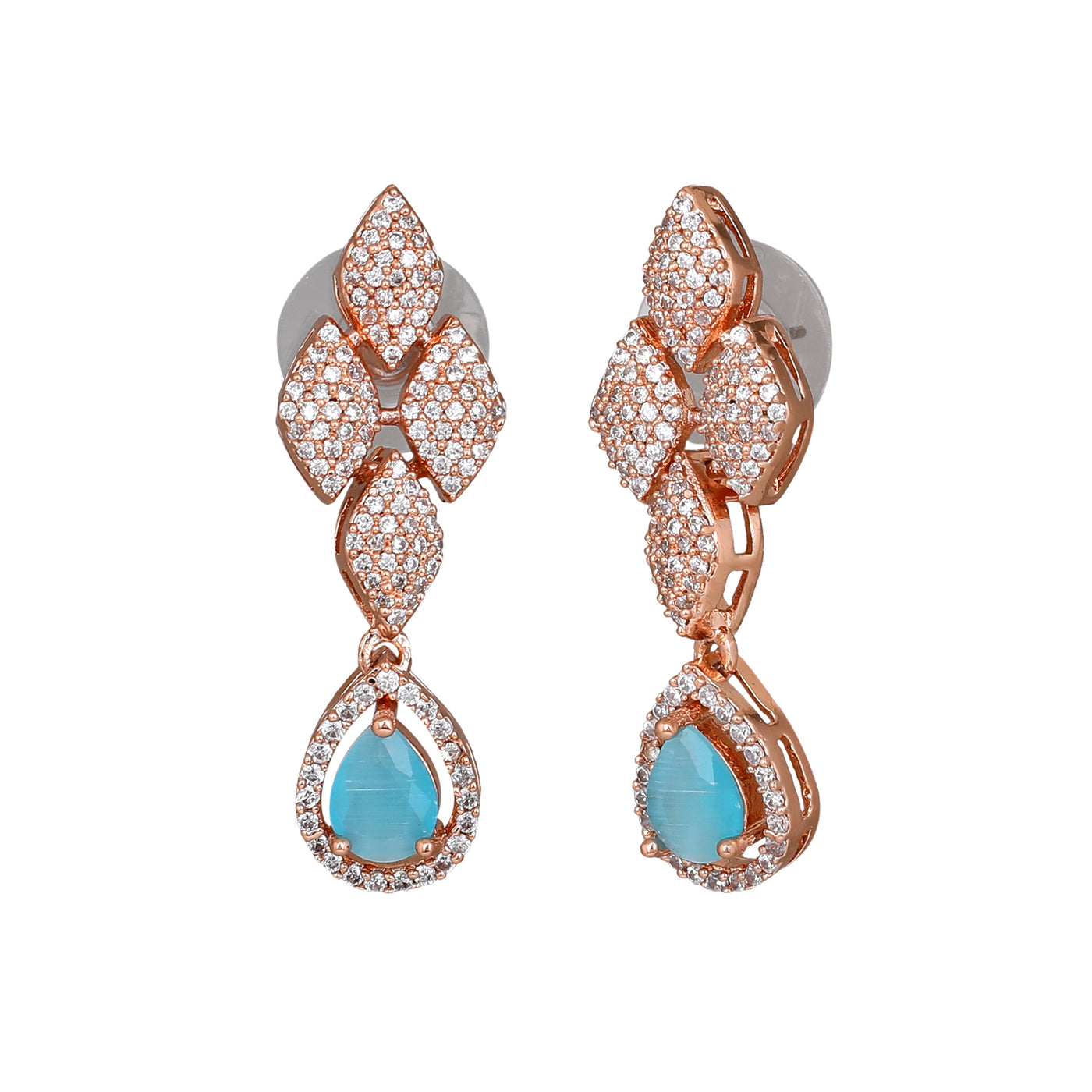 Estele Rose Gold Plated CZ Splendid Drop Earrings with Mint Blue Stones for Women