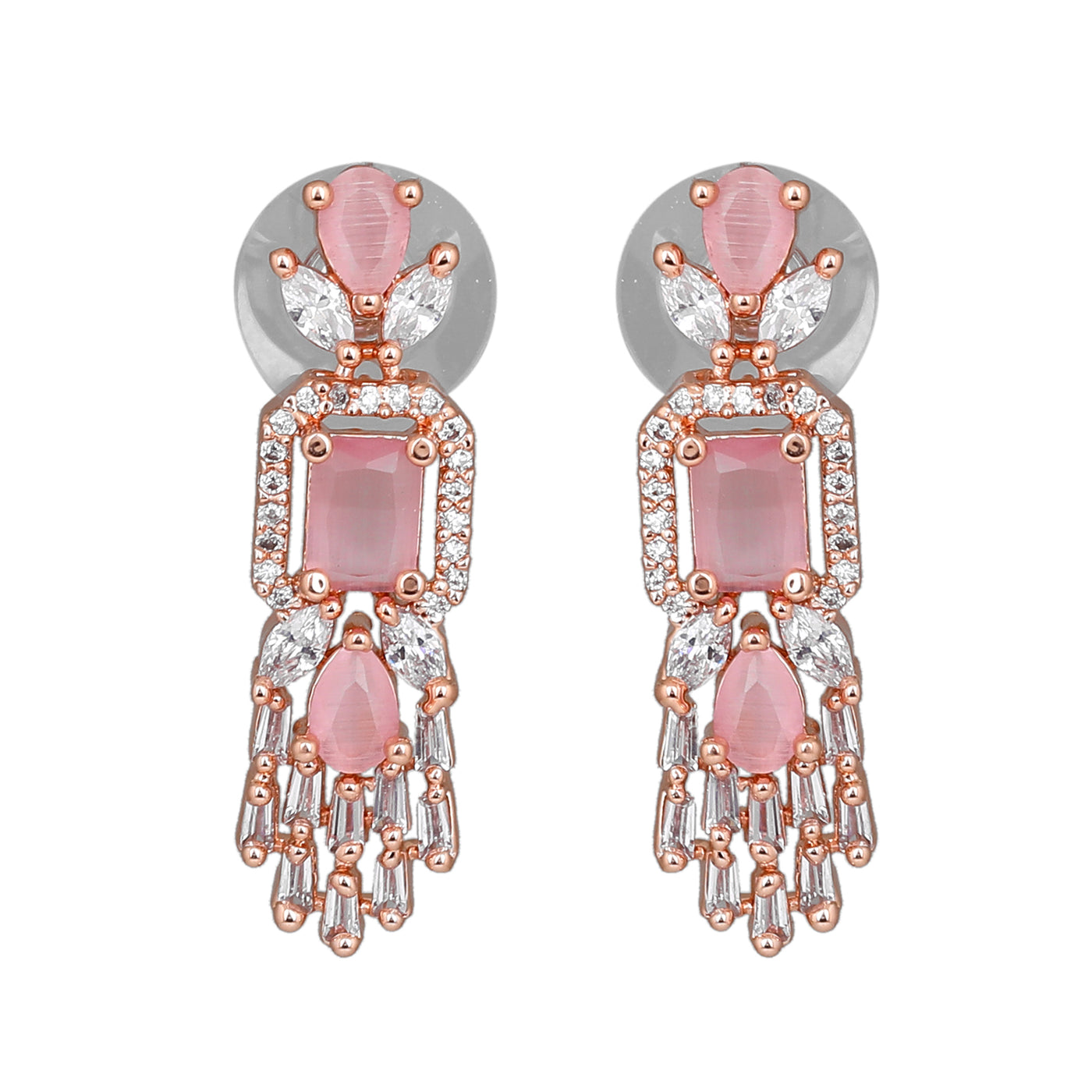 Estele Rose Gold Plated CZ Ablaze Drop Earrings with Mint Pink Stones for Women