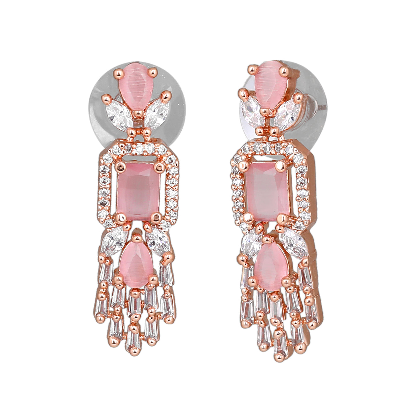 Estele Rose Gold Plated CZ Ablaze Drop Earrings with Mint Pink Stones for Women