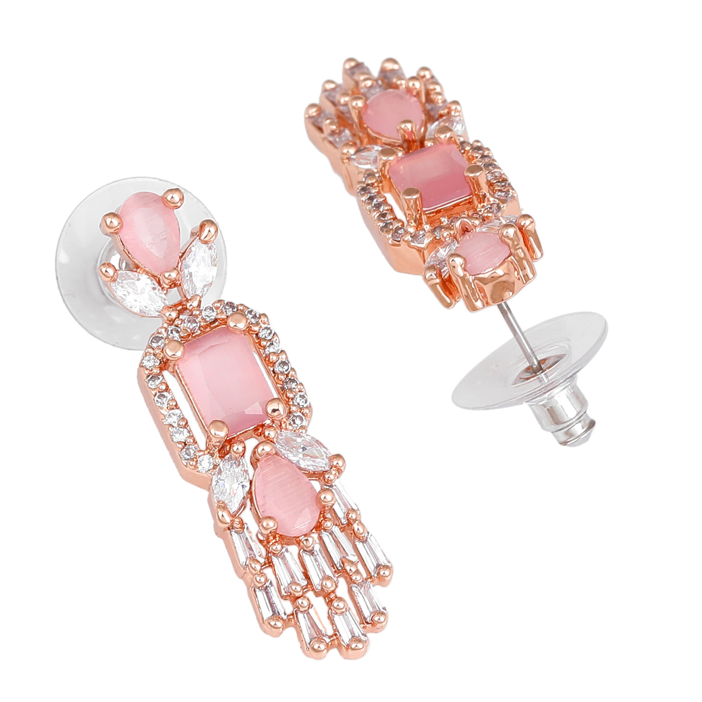 Estele Rose Gold Plated CZ Ablaze Drop Earrings with Mint Pink Stones for Women