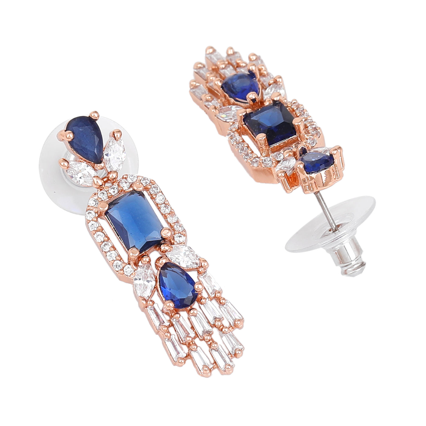 Estele Rose Gold Plated CZ Ablaze Drop Earrings with Blue Stones for Women