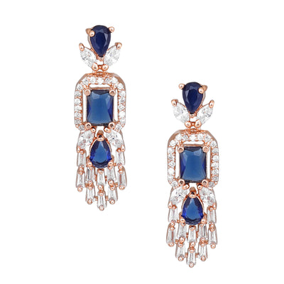 Estele Rose Gold Plated CZ Ablaze Drop Earrings with Blue Stones for Women