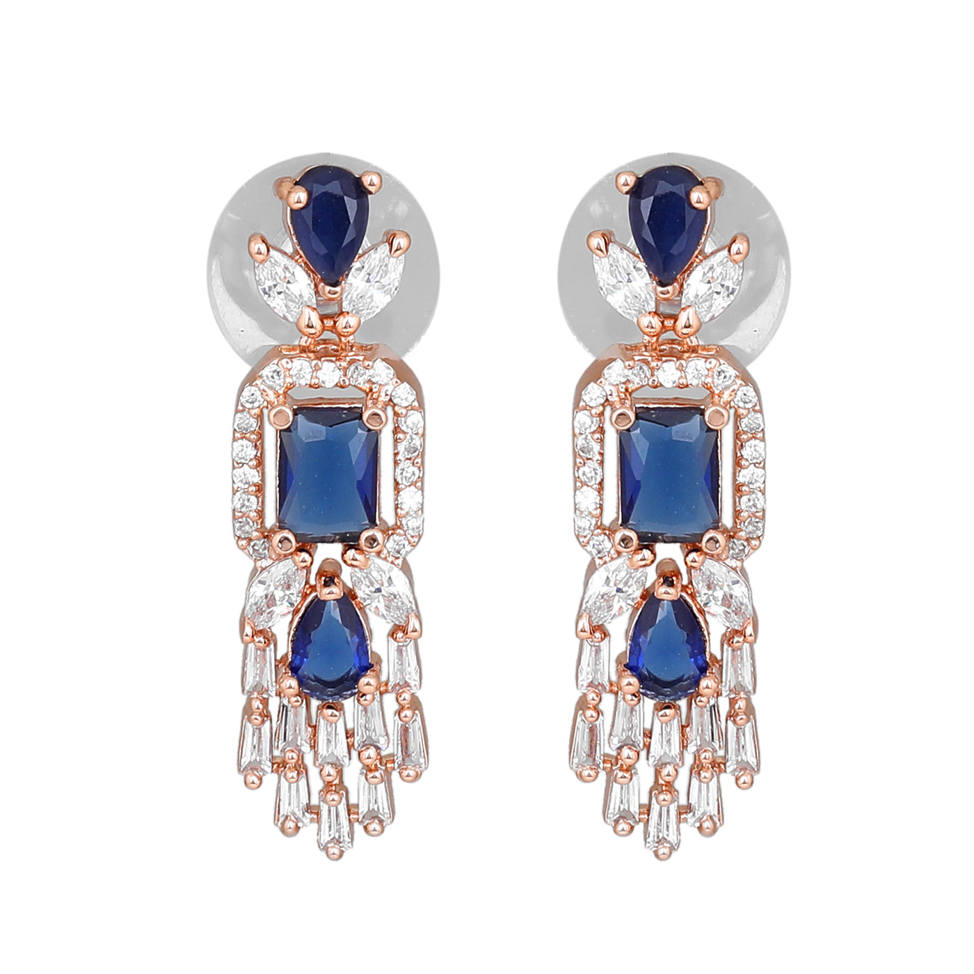 Estele Rose Gold Plated CZ Ablaze Drop Earrings with Blue Stones for Women