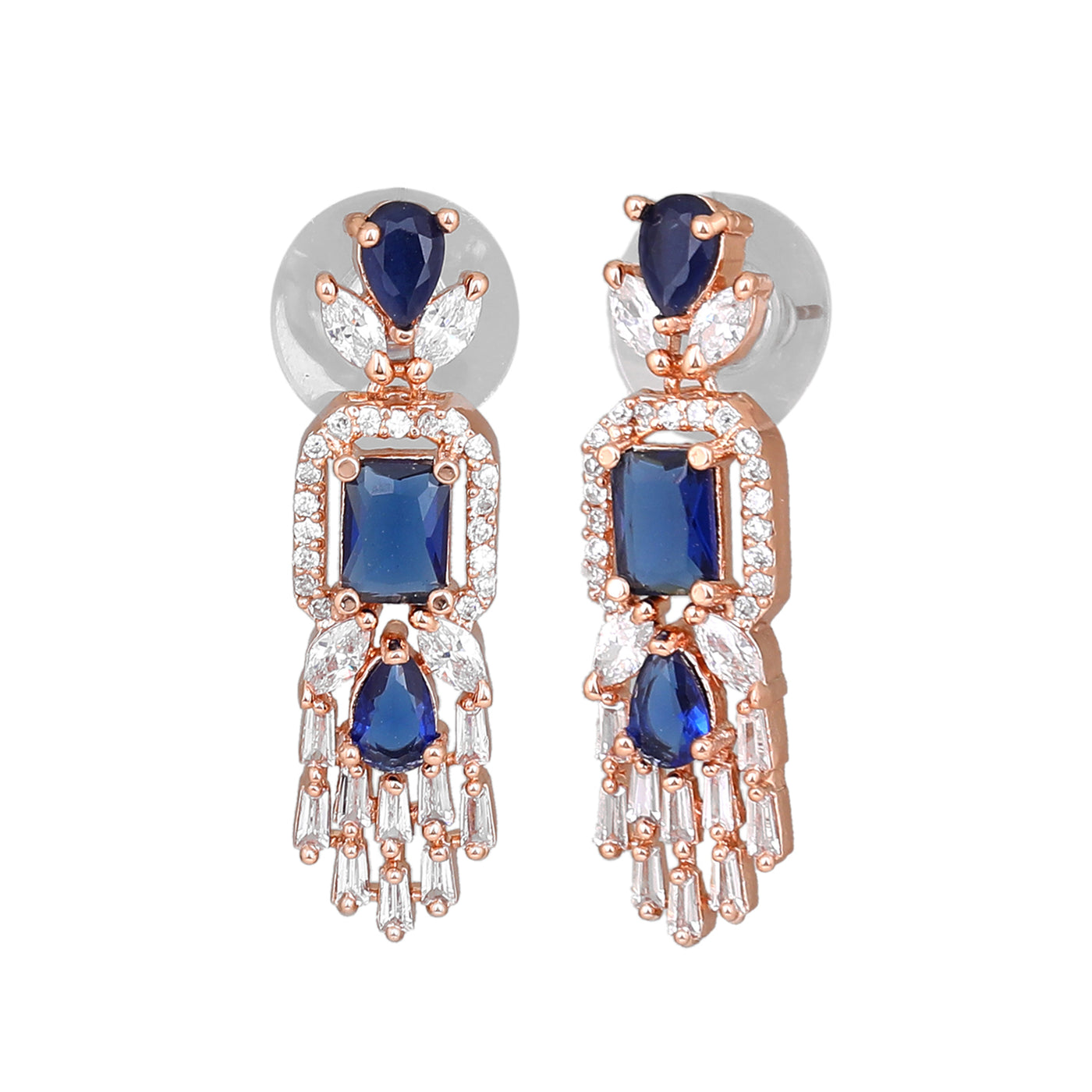 Estele Rose Gold Plated CZ Ablaze Drop Earrings with Blue Stones for Women