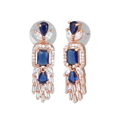 Estele Rose Gold Plated CZ Ablaze Drop Earrings with Blue Stones for Women