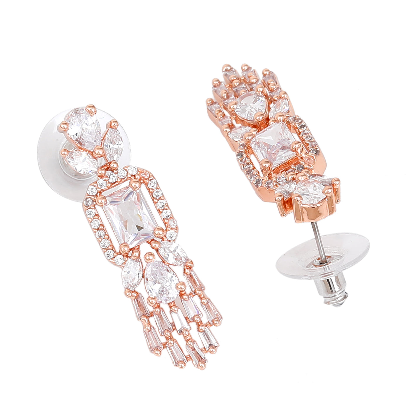 Estele Rose Gold Plated CZ Ablaze Drop Earrings with White Stones for Women