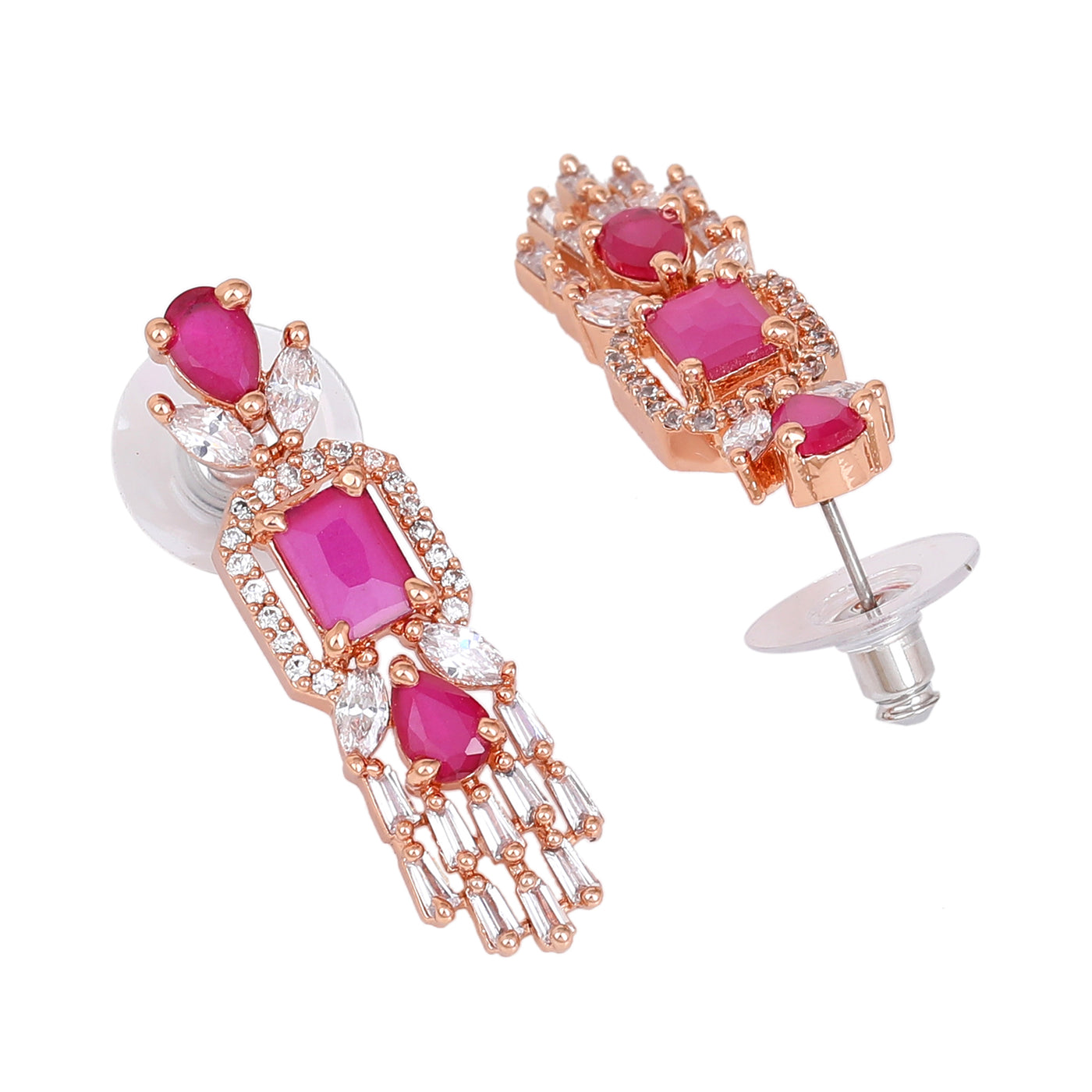 Estele Rose Gold Plated CZ Ablaze Drop Earrings with Ruby Stones for Women