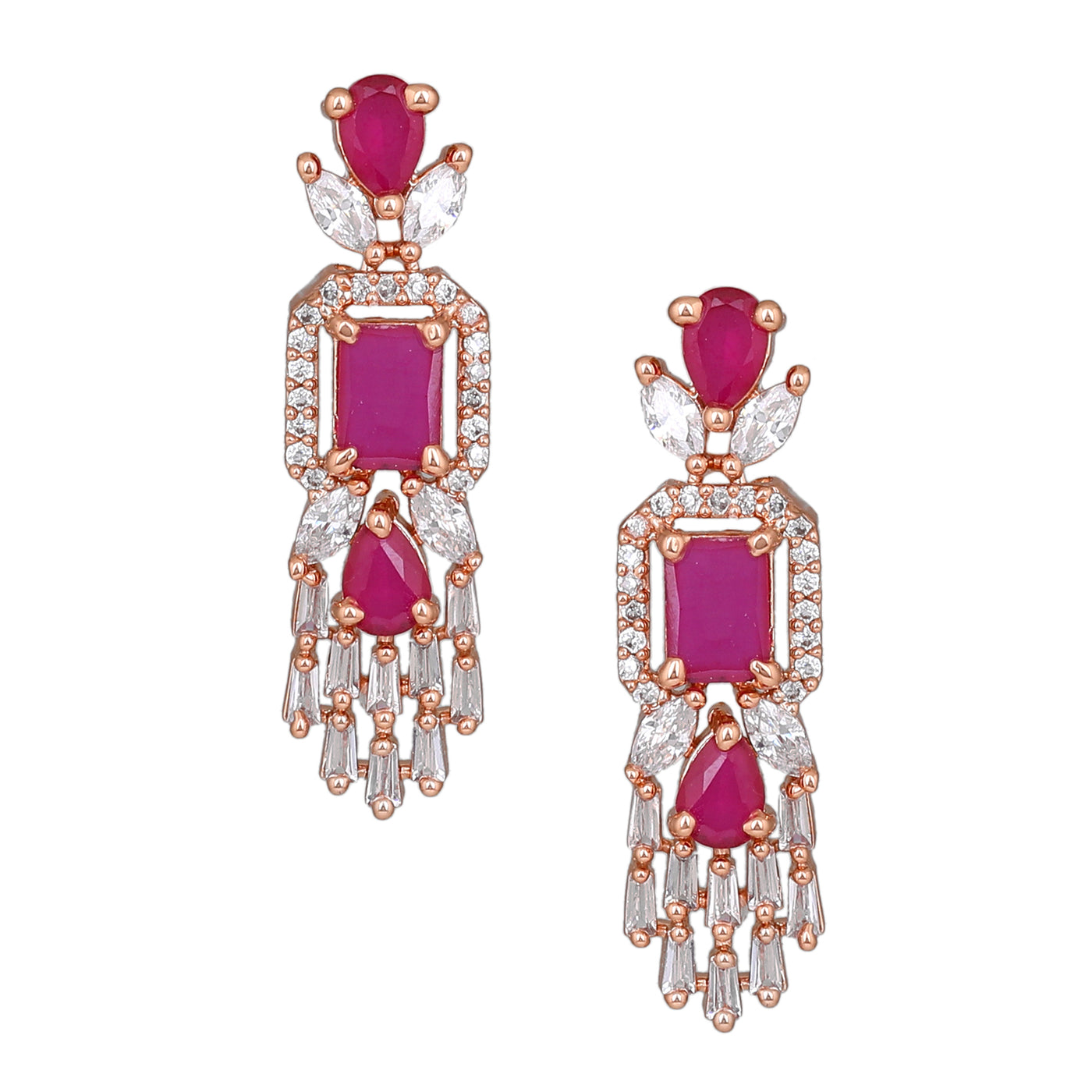 Estele Rose Gold Plated CZ Ablaze Drop Earrings with Ruby Stones for Women