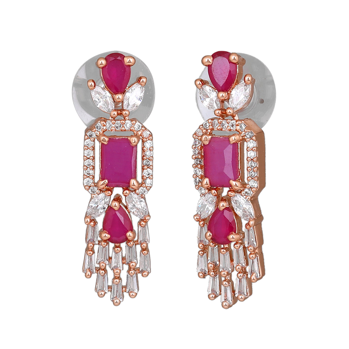 Estele Rose Gold Plated CZ Ablaze Drop Earrings with Ruby Stones for Women