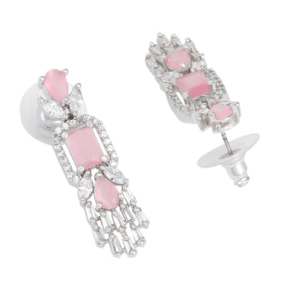 Estele Rhodium Plated CZ Ablaze Drop Earrings with Mint Pink Stones for Women