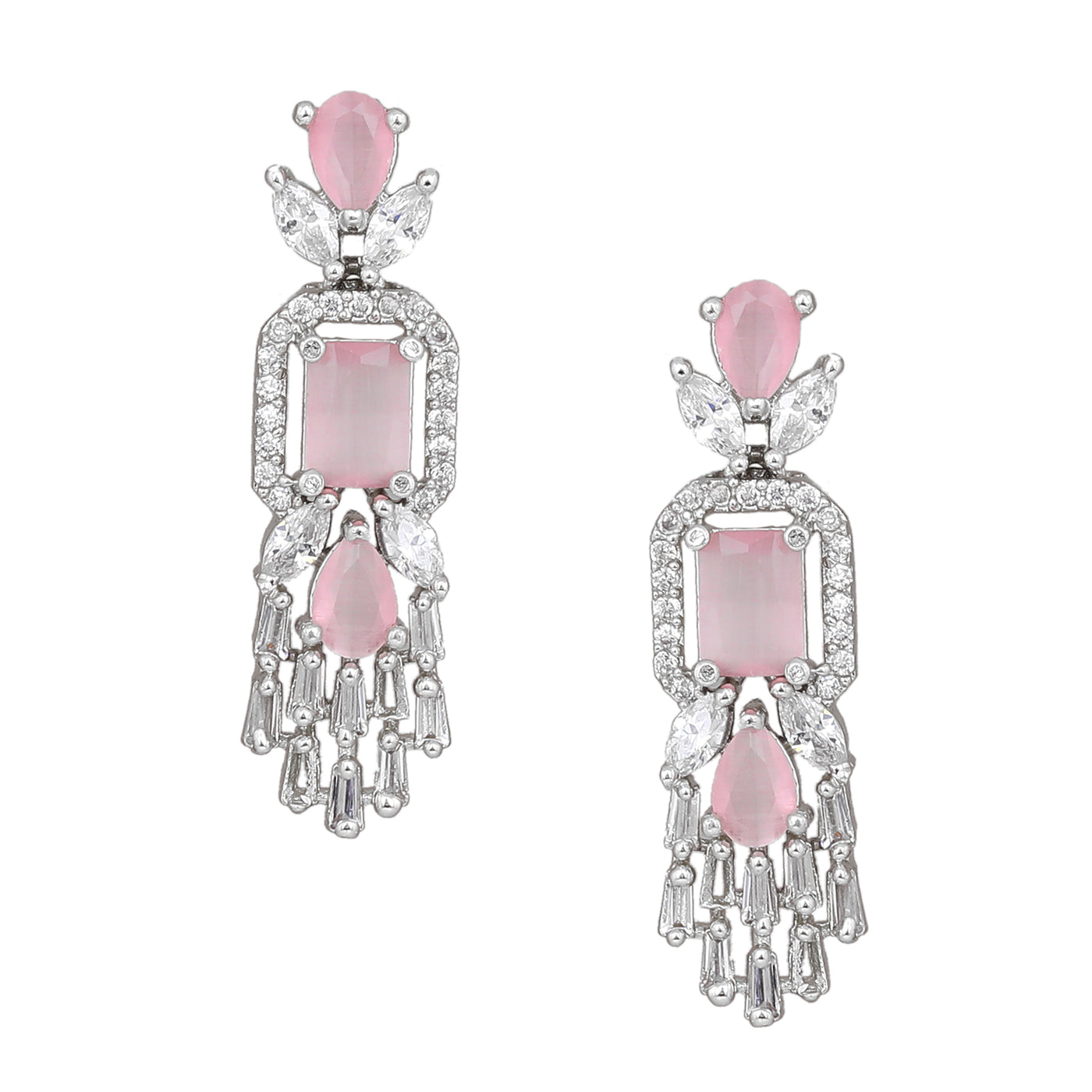 Estele Rhodium Plated CZ Ablaze Drop Earrings with Mint Pink Stones for Women