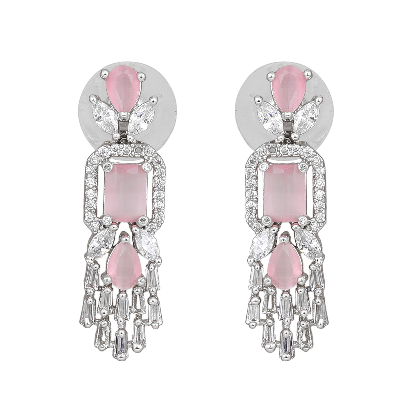 Estele Rhodium Plated CZ Ablaze Drop Earrings with Mint Pink Stones for Women