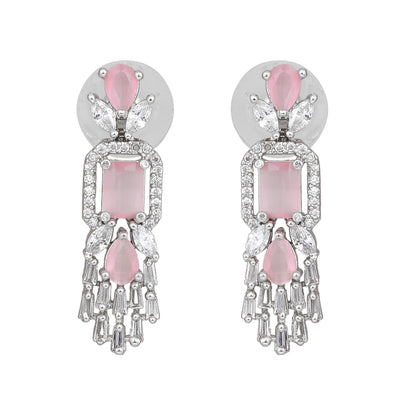 Estele Rhodium Plated CZ Ablaze Drop Earrings with Mint Pink Stones for Women