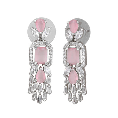 Estele Rhodium Plated CZ Ablaze Drop Earrings with Mint Pink Stones for Women