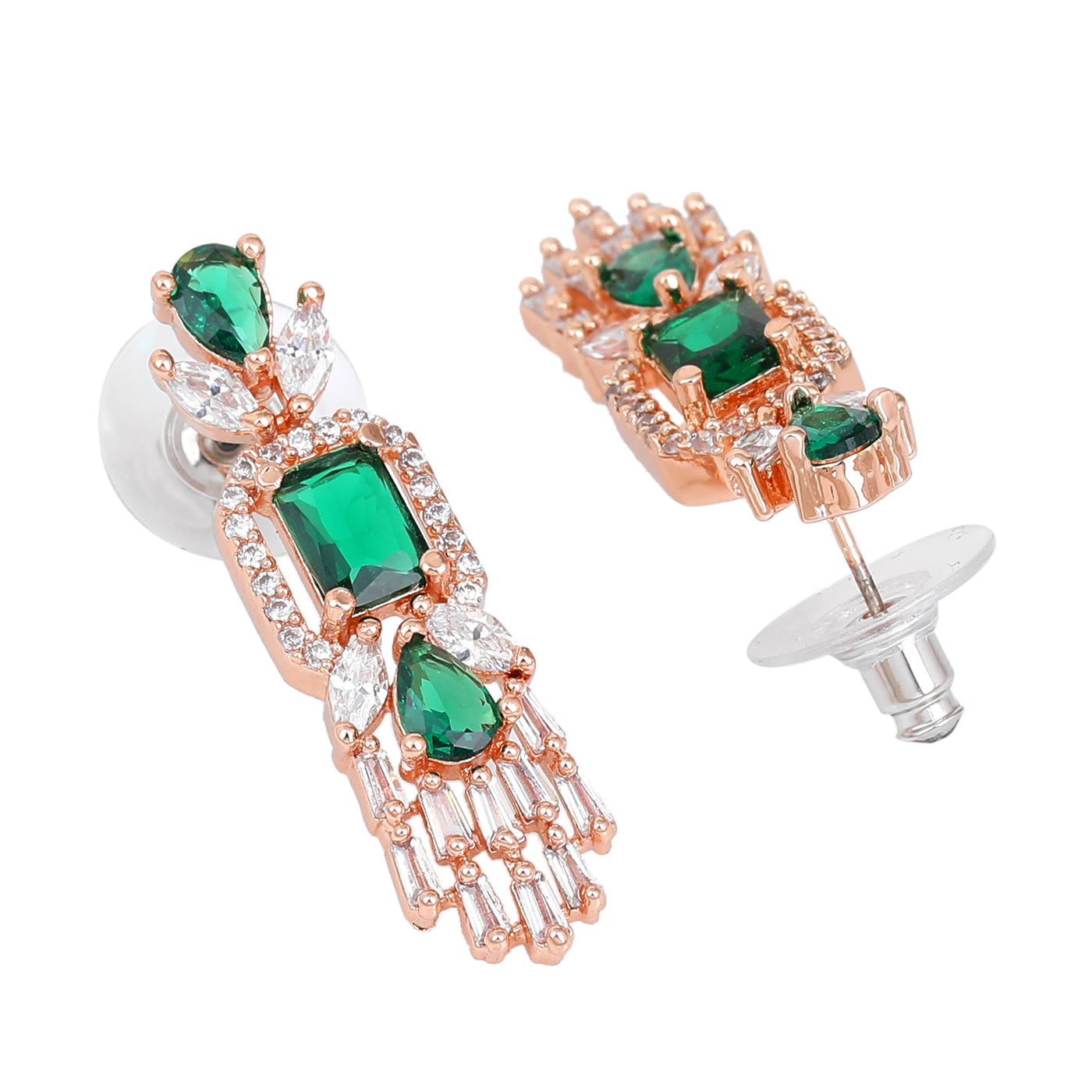 Estele Rose Gold Plated CZ Ablaze Drop Earrings with Green Stones for Women