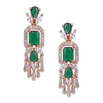 Estele Rose Gold Plated CZ Ablaze Drop Earrings with Green Stones for Women