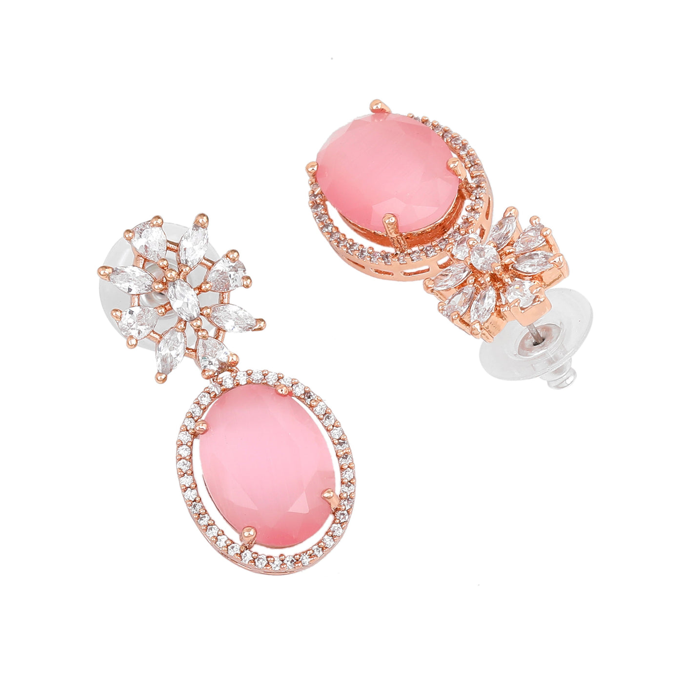 Estele Rose Gold Plated CZ Gorgeous Drop Earrings with Mint Pink Stones for Women