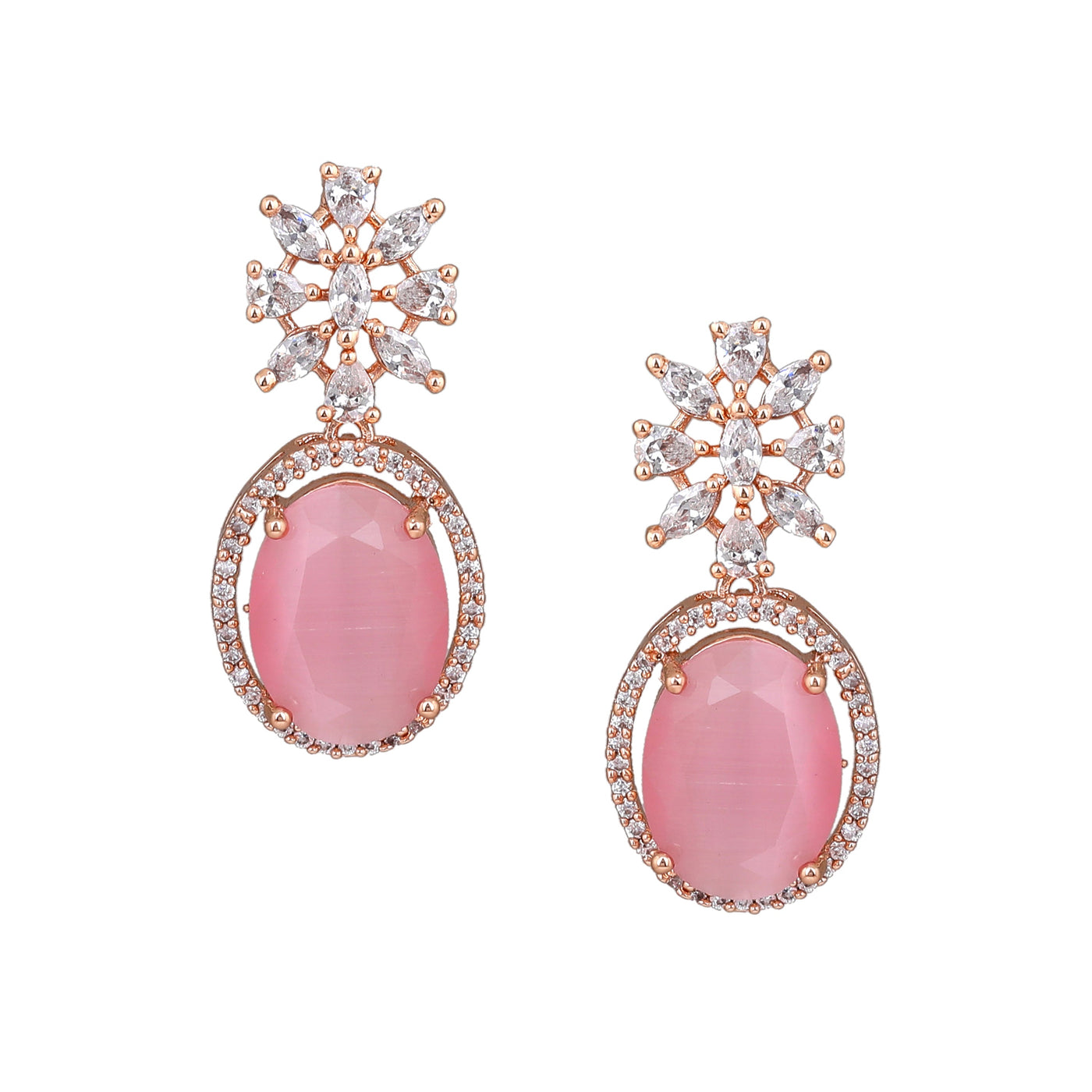 Estele Rose Gold Plated CZ Gorgeous Drop Earrings with Mint Pink Stones for Women