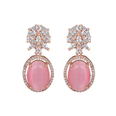 Estele Rose Gold Plated CZ Gorgeous Drop Earrings with Mint Pink Stones for Women