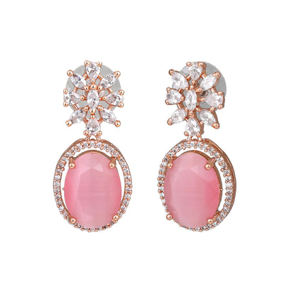 Estele Rose Gold Plated CZ Gorgeous Drop Earrings with Mint Pink Stones for Women