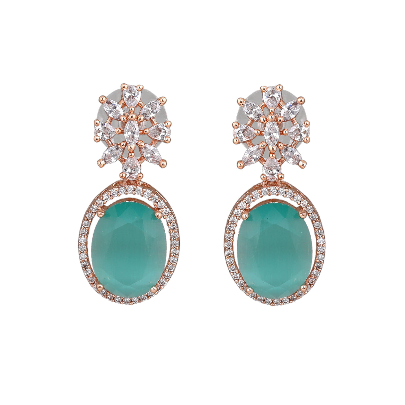 Estele Rose Gold Plated CZ Gorgeous Drop Earrings with Mint Green Stones for Women