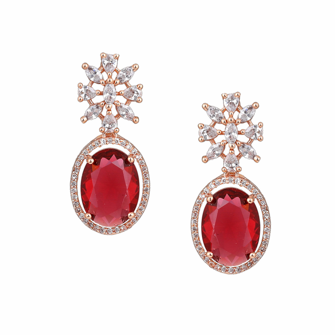 Estele Rose Gold Plated CZ Gorgeous Drop Earrings with Tourmaline Pink Stones for Women