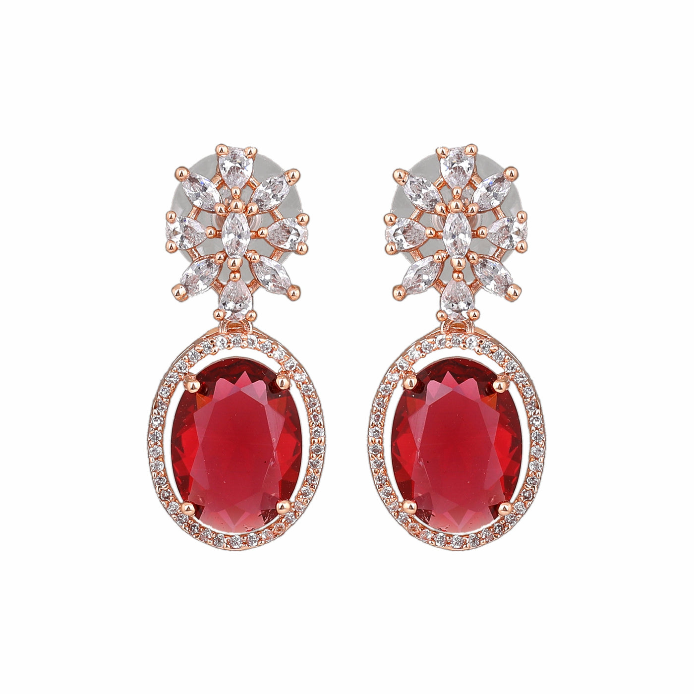 Estele Rose Gold Plated CZ Gorgeous Drop Earrings with Tourmaline Pink Stones for Women