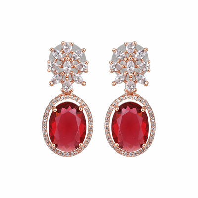 Estele Rose Gold Plated CZ Gorgeous Drop Earrings with Tourmaline Pink Stones for Women