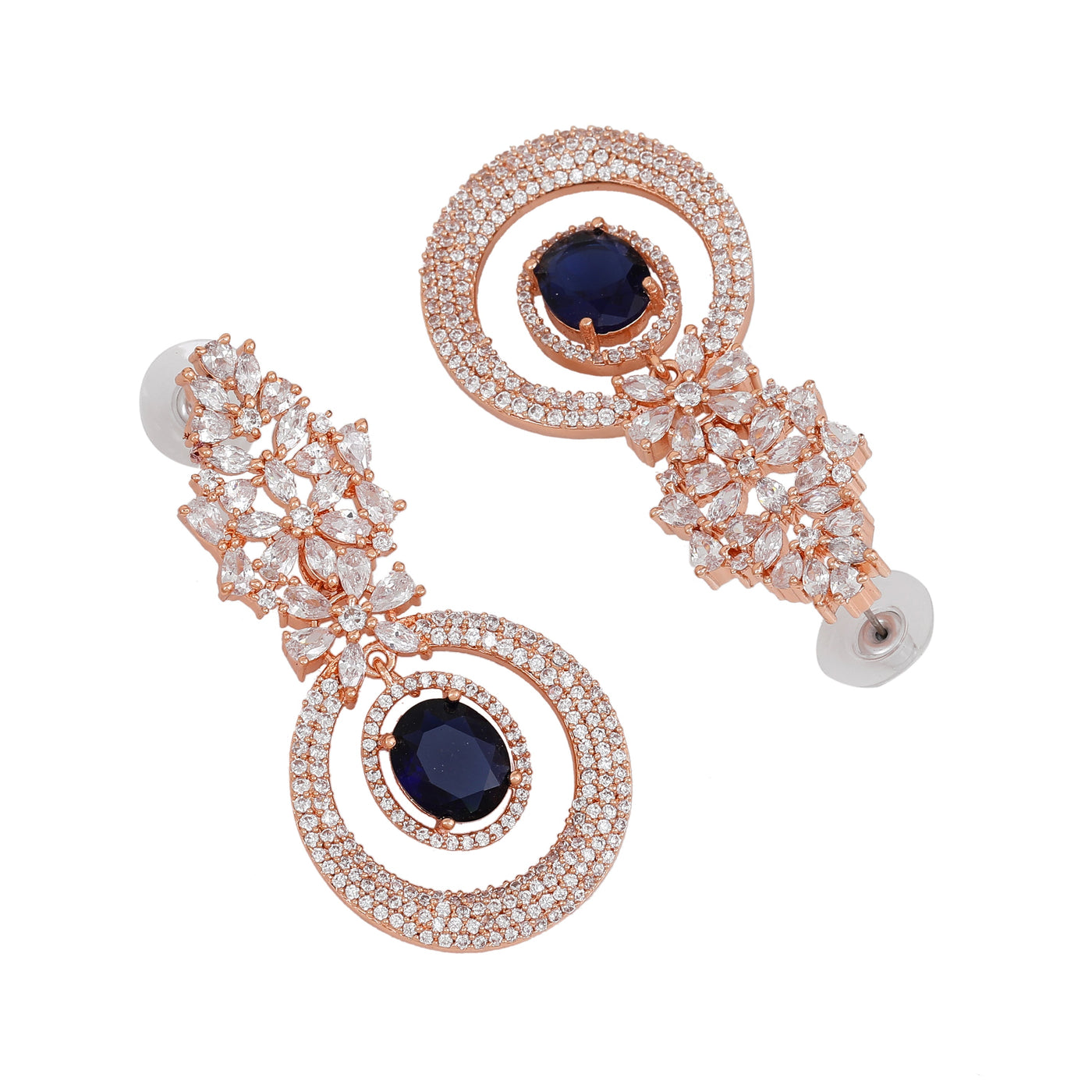 Estele Rose Gold Plated CZ Glamorous Drop Earrings with Blue Stones for Women