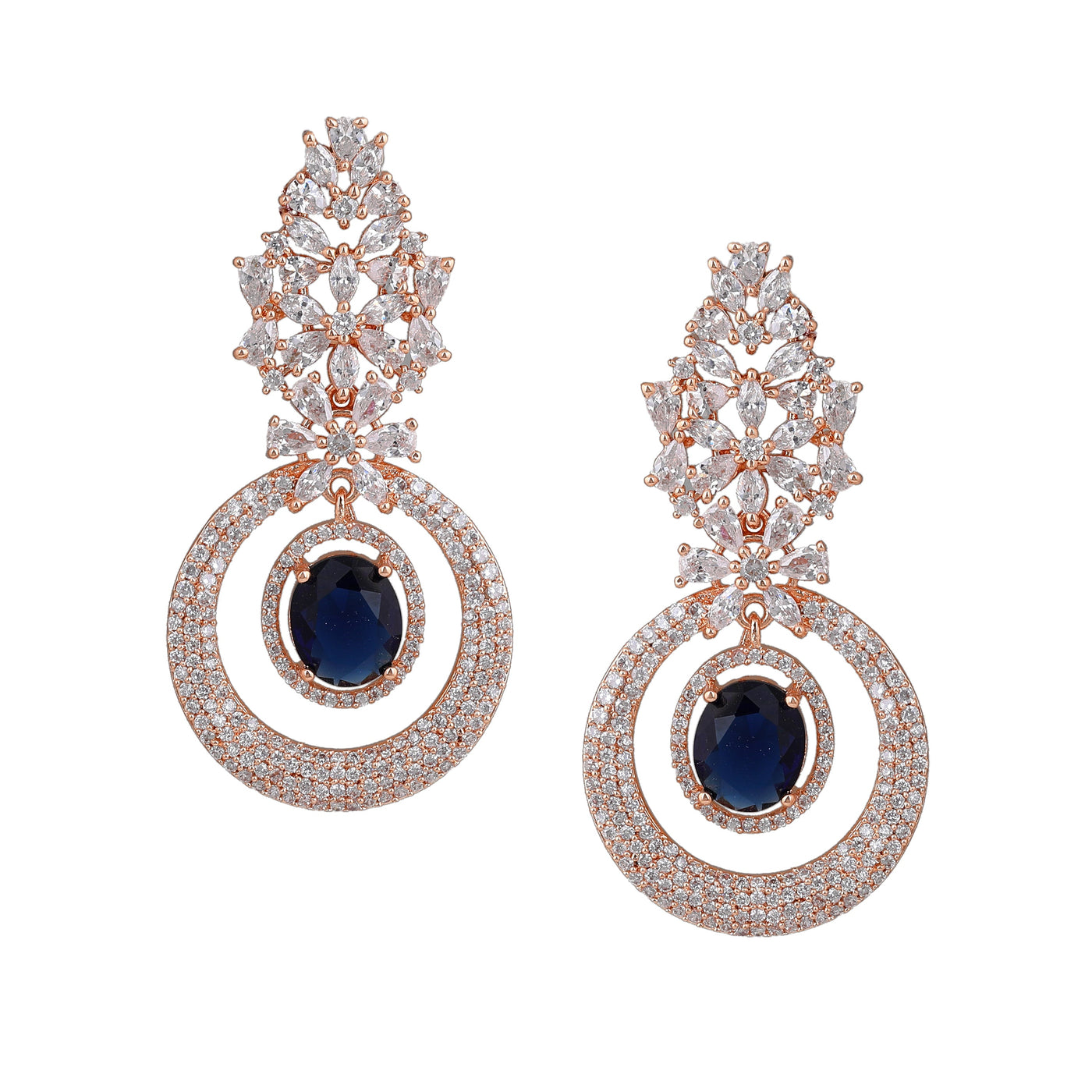 Estele Rose Gold Plated CZ Glamorous Drop Earrings with Blue Stones for Women