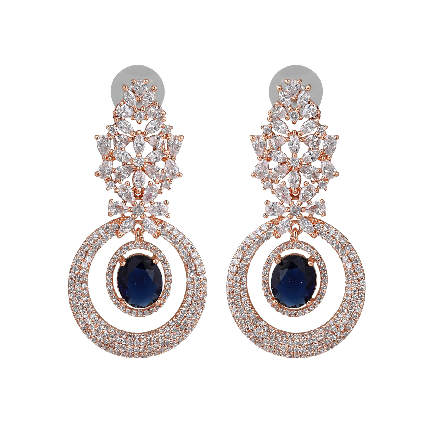 Estele Rose Gold Plated CZ Glamorous Drop Earrings with Blue Stones for Women