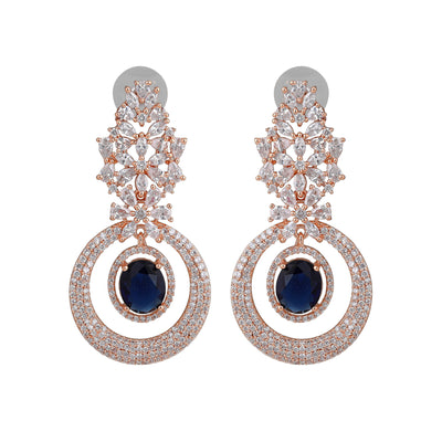 Estele Rose Gold Plated CZ Glamorous Drop Earrings with Blue Stones for Women