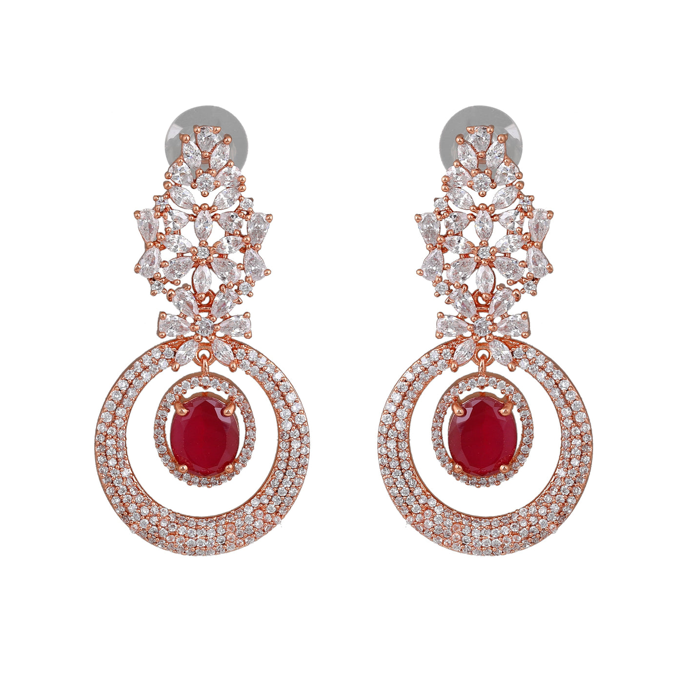 Estele Rose Gold Plated CZ Glamorous Drop Earrings with Ruby Stones for Women